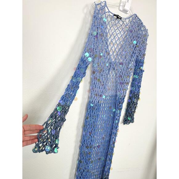 Blue Sequin Mesh Crochet Mermaid Cover Up Dress Maxi Womens XL Fashion Nova Swim - Picture 3 of 11